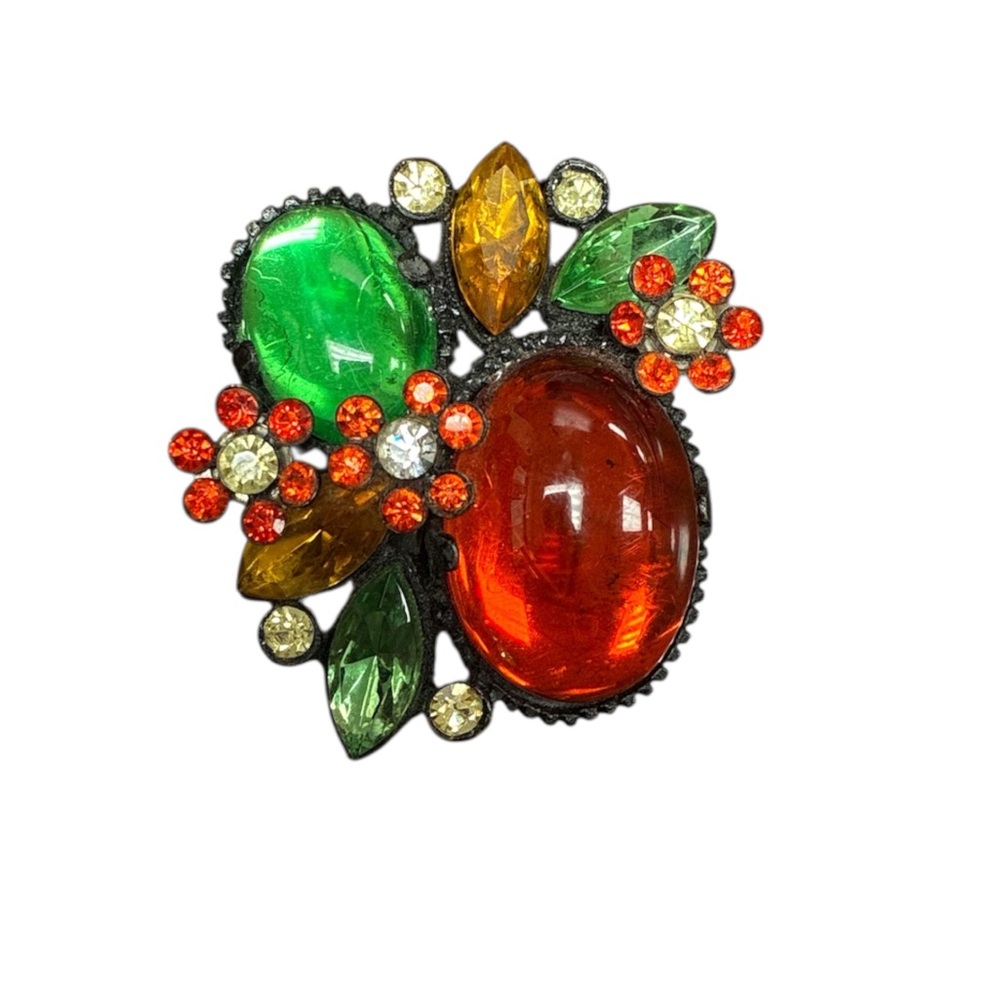 Colorful Floral Rhinestone and Glass Japanned Brooch